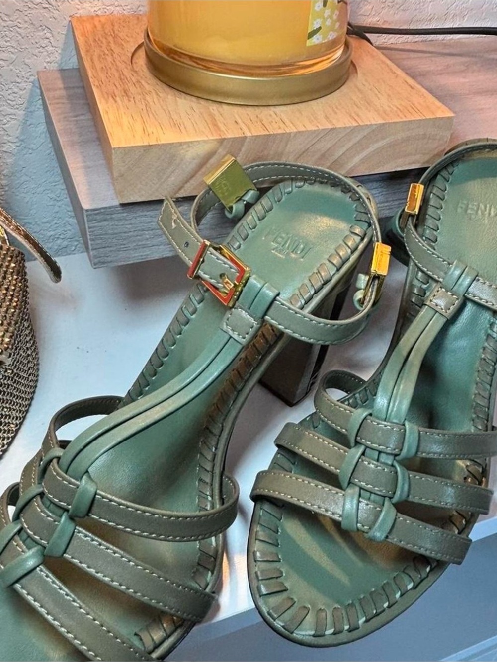 Fendi Olive Green Leather Strappy Sandals with Gold Buckles - Picture 8 of 8